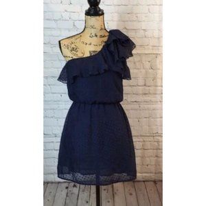 Love On A Hanger Dress One Shoulder Navy Blue Gauzy Swiss Dot Pattern Small